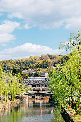 日本冈山市古桥市历史区、运河和传统村落