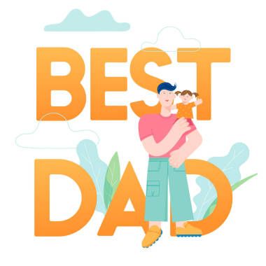 快乐父亲节概念卡与微笑爸爸字符抱着孩子。矢量现代时尚插图