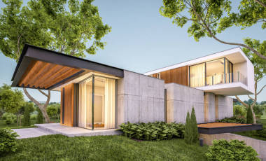 3d 渲染現(xiàn)代房子在山上與游泳池在晚上