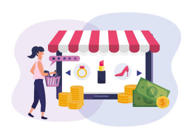 妇女与购物篮和平板电子商务技术