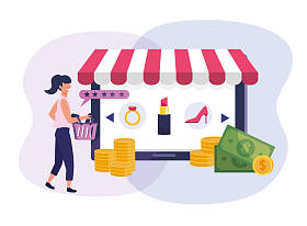 妇女与购物篮和平板电子商务技术