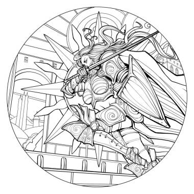 成人着色页。女骑士冲进战斗的盔甲拿着盾牌和剑