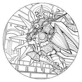 成人着色页。女骑士冲进战斗的盔甲拿着盾牌和剑