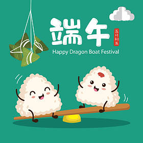 端午节与可爱的饺子字符。矢量插图。标题： 端午节，5月5日