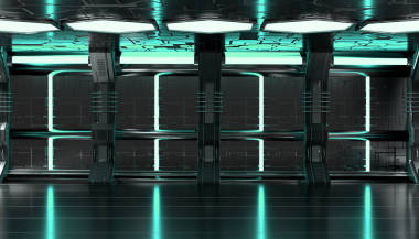 深綠色宇宙飛船未來內(nèi)部與技術(shù)墻板3d