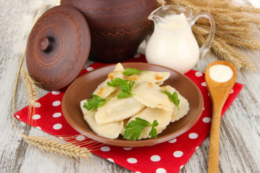 美味餃子，炸洋蔥上棕色板、 木制背景上