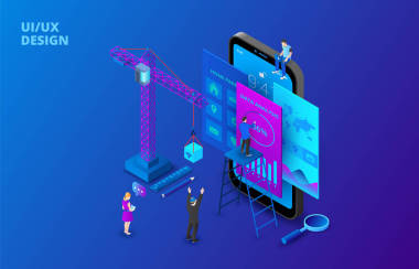 ui 設計理念與智能手機、起重機和人員。等向矢量圖。網(wǎng)頁模板