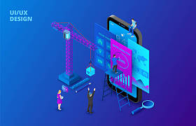 ui 设计理念与智能手机、起重机和人员。等向矢量图。网页模板