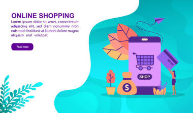 網(wǎng)上購物插圖概念與字符。模板， 橫幅， 演示文稿， 社交媒體， 海報， 廣告， 促