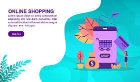 网上购物插图概念与字符。模板， 横幅， 演示文稿， 社交媒体， 海报， 广告， 促