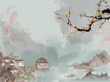 景觀插圖，云彩，灰色背景，丘陵，開花枝，村屋在湖上的高蹺