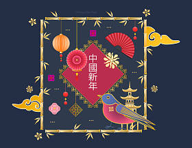 经典的中国新年背景，灯笼，鸟，莲花，鲜花