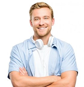 性感的年轻男子戴着耳机在白色隔离