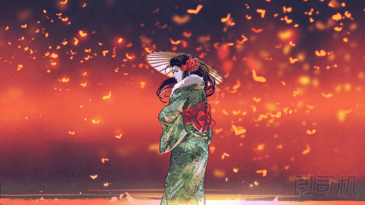 穿著日本傳統(tǒng)服裝的年輕亞洲女孩拿著一把傘站在幻想的地方與發(fā)光的昆蟲飛來飛去, 數(shù)字藝術(shù)風(fēng)格, 插圖畫