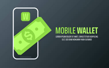 移动钱包灰色背景与智能手机和绿色美元 b