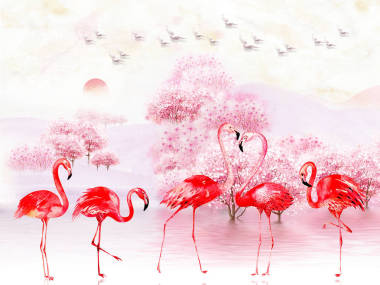 粉紅色的風(fēng)景插圖，湖，樹(shù)，霧，日出，鳥(niǎo)群在天空，五個(gè)明亮的火烈鳥(niǎo)在前景