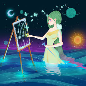 女神艺术家女孩。女性角色设计。概念艺术。逼真的卡通插图。视频游戏数字Cg艺术品。- 插图