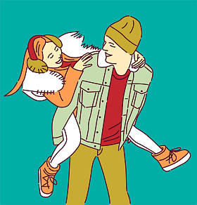 快乐的男朋友给穿冬装的女朋友背猪