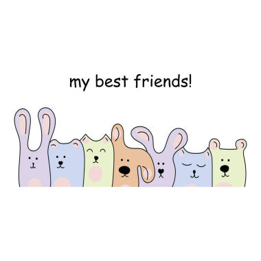 矢量线绘制动物。涂鸦插图。我最好的朋友 - 文本。可爱的熊，兔，猫，狗。生日，儿童聚会，友谊日
