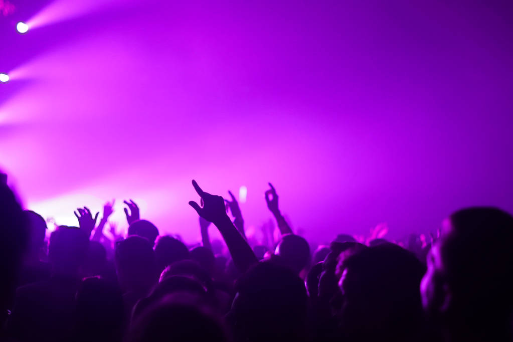 在明亮的舞台灯光音乐会剪影人群 在明亮的舞台灯光音乐会剪影人群