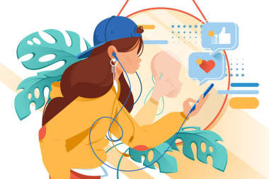 平面年輕女子與手機和耳機在虛擬現(xiàn)實