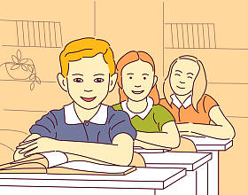 矢量卡通插图的小学生上课,女孩和男孩坐在书桌 