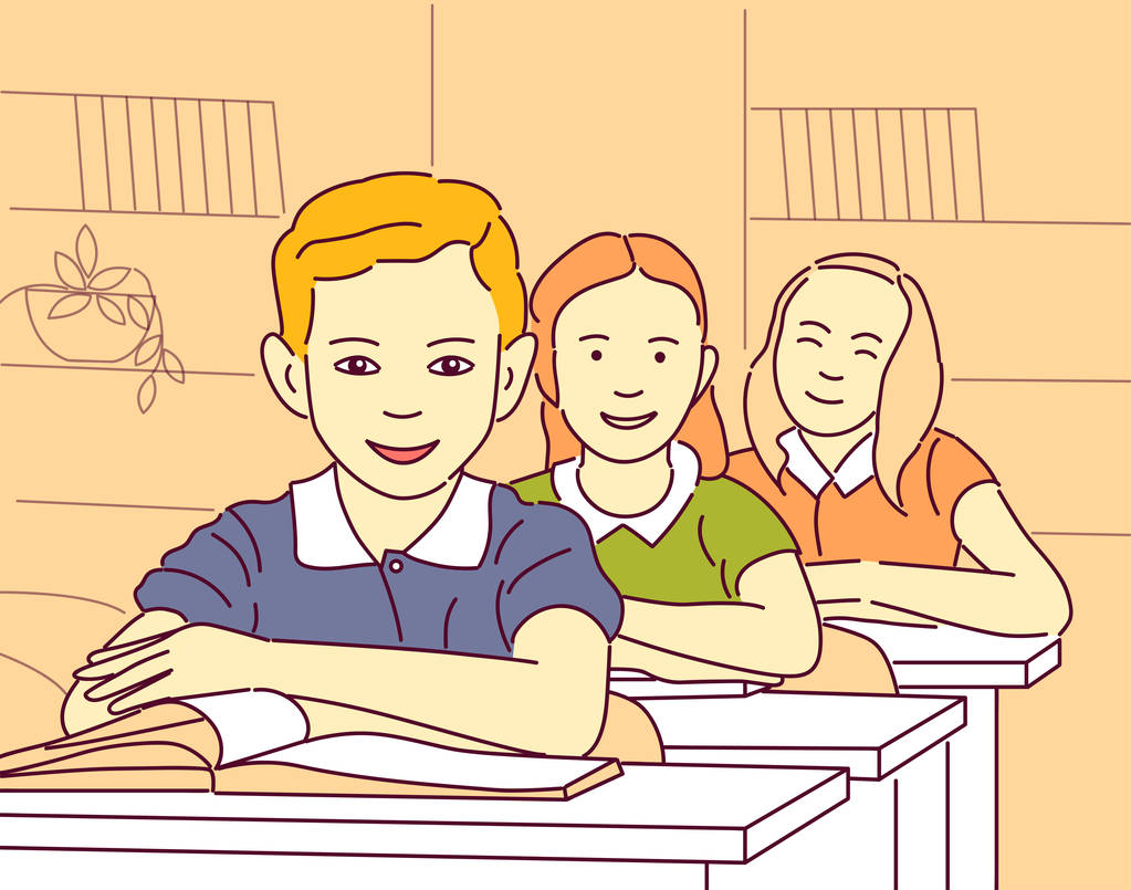 矢量卡通插图的小学生上课,女孩和男孩坐在书桌 