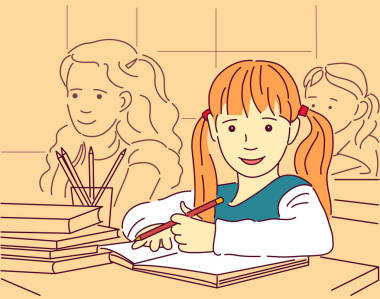 矢量卡通插圖的小學(xué)生上課,坐在書桌和學(xué)習 