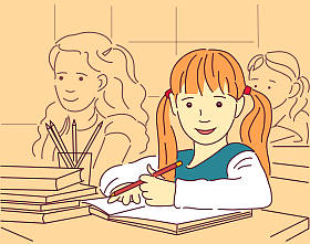 矢量卡通插图的小学生上课,坐在书桌和学习 