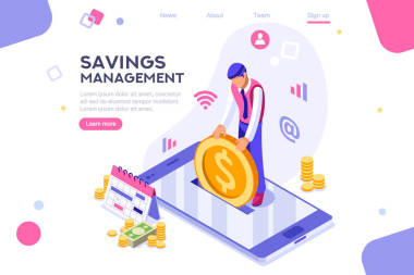 存款，鈔票橫幅。錢(qián)在智能手機(jī)上，硬幣持有。銀行概念的信息圖，英雄圖像。平面等軸測(cè)距矢量插圖。白色背景之間、空白空間之間的 Web 橫幅
