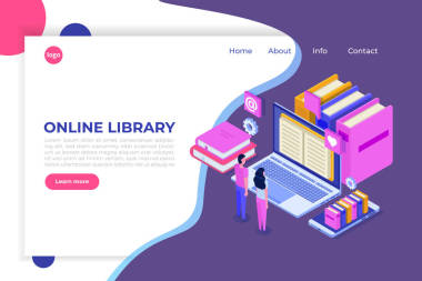 在线数字图书馆等轴测，网上书店，电子学习，电子书。矢量插图