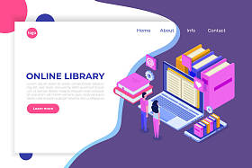 在线数字图书馆等轴测,网上书店,电子学习,电子书。矢量插图