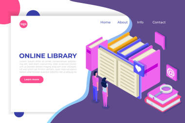 在線數(shù)字圖書(shū)館等軸測(cè)，網(wǎng)上書(shū)店，電子學(xué)習(xí)，電子書(shū)。矢量插圖