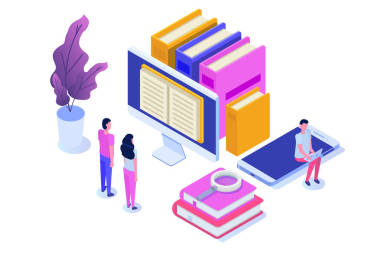 在線數(shù)字圖書(shū)館等軸測(cè)，網(wǎng)上書(shū)店，電子學(xué)習(xí)，電子書(shū)。矢量插圖
