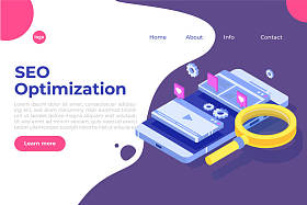 Web seo 优化插图概念等轴测。着陆页模板。网页横幅、网页、横幅、演示文稿、社交媒体、文档、卡片、海报的贴纸