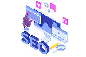 Web seo 优化插图概念等轴测。着陆页模板。网页横幅、网页、横幅、演示文稿、社交媒体、文档、卡片、海报的贴纸
