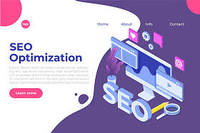Web seo 优化插图概念等轴测。着陆页模板。网页横幅、网页、横幅、演示文稿、社交媒体、文档、卡片、海报的贴纸