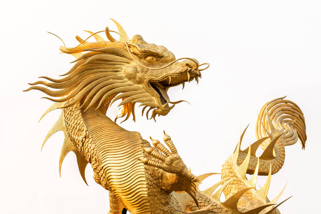 在白色背景上的金龙雕像图片