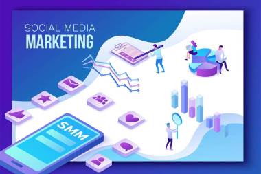 社交媒体营销理念、3d 等轴测信息图推广活动、在线数字技术、商务人士分析广告报告、内容计划、seo 优化矢量插图