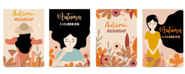 收藏秋季背景集与女人,叶子,花。Vec