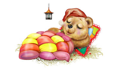 小熊睡得甜甜，年輕的動物在床上做夢，卡通人物在白色背景