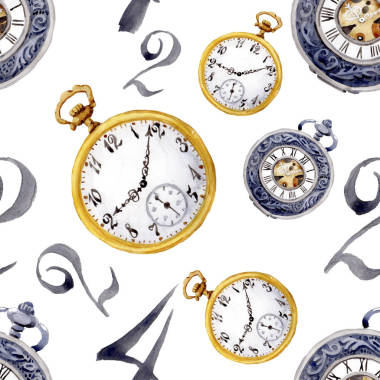 復(fù)古舊時(shí)鐘懷表。水彩背景插圖集。無(wú)縫背景模式