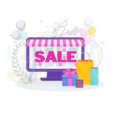 電腦和購(gòu)物袋。在線商店銷售