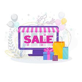 电脑和购物袋。在线商店销售