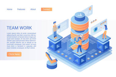 團(tuán)隊(duì)工作著陸頁(yè)等軸測(cè)矢量模板