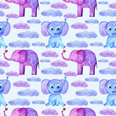 水彩可爱的大象和云无缝模式