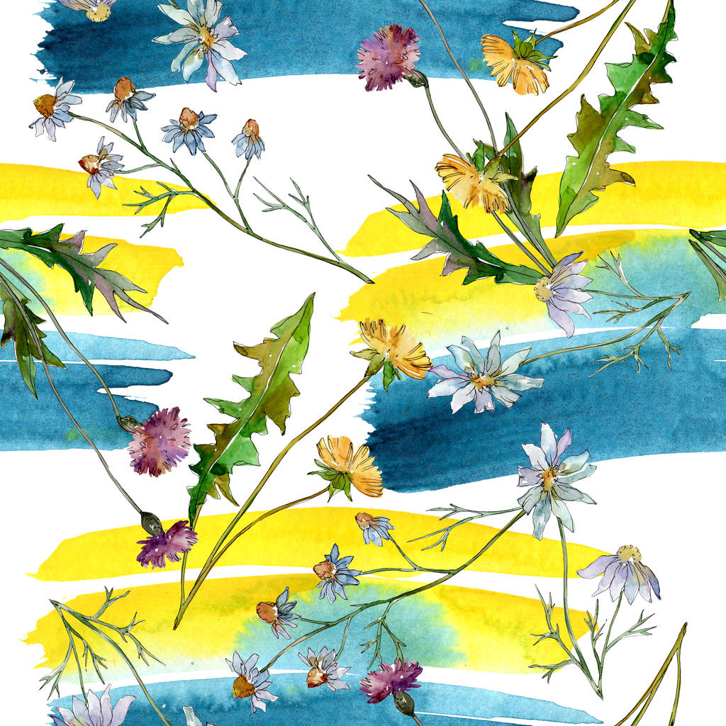 野花花卉植物花。野生春叶野花。水彩插图集。水彩画时尚水瓶座。无缝的背景模式。织物壁纸打印纹理