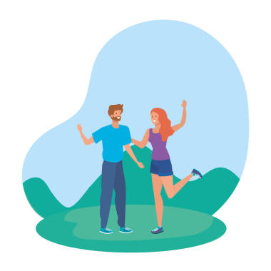 年轻的恋人夫妇在公园里庆祝图片