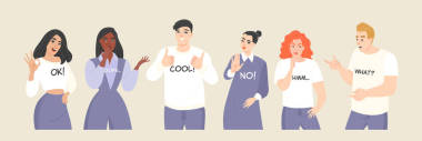 不同情绪和手势的年轻人的矢量插图集