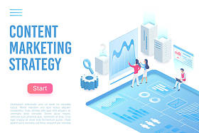 内容营销策略着陆页等轴测矢量模板